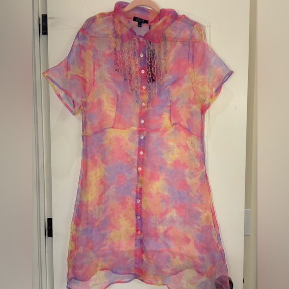 Dolls Kill Dresses & Skirts - Dolls Kill Pastel Tie-Dye Sheer Button-Up Dress in Pink, Yellow & Purple
